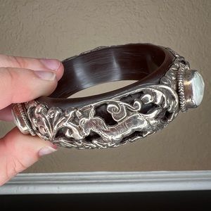 Vintage Tibetan Silver Bangle w Mother of Pearl Cabochons, Carved Flora and Faun